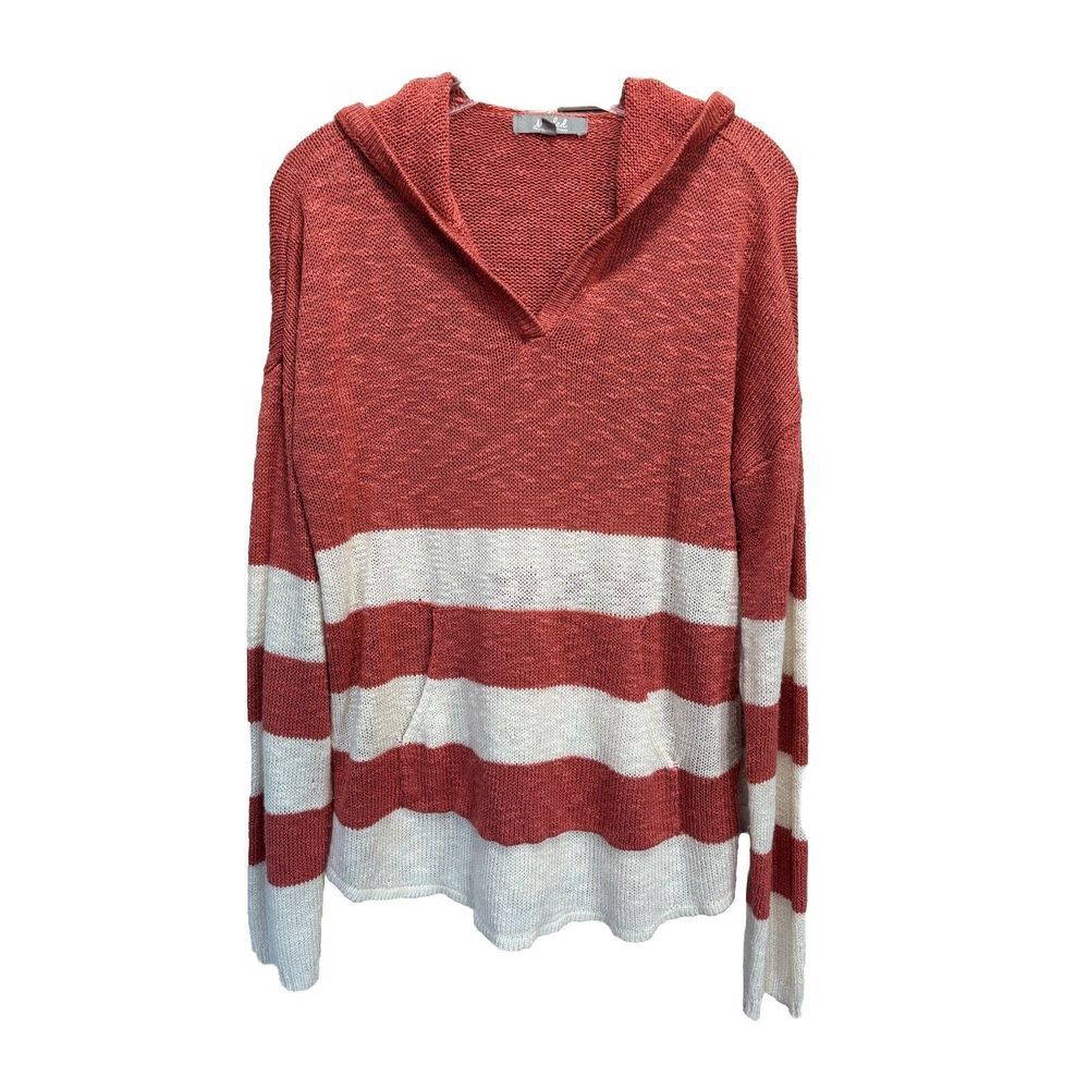 Marled Mauve/Cream Striped Knit Sweater Hood Long Sleeve‎ Size Large Pocket
